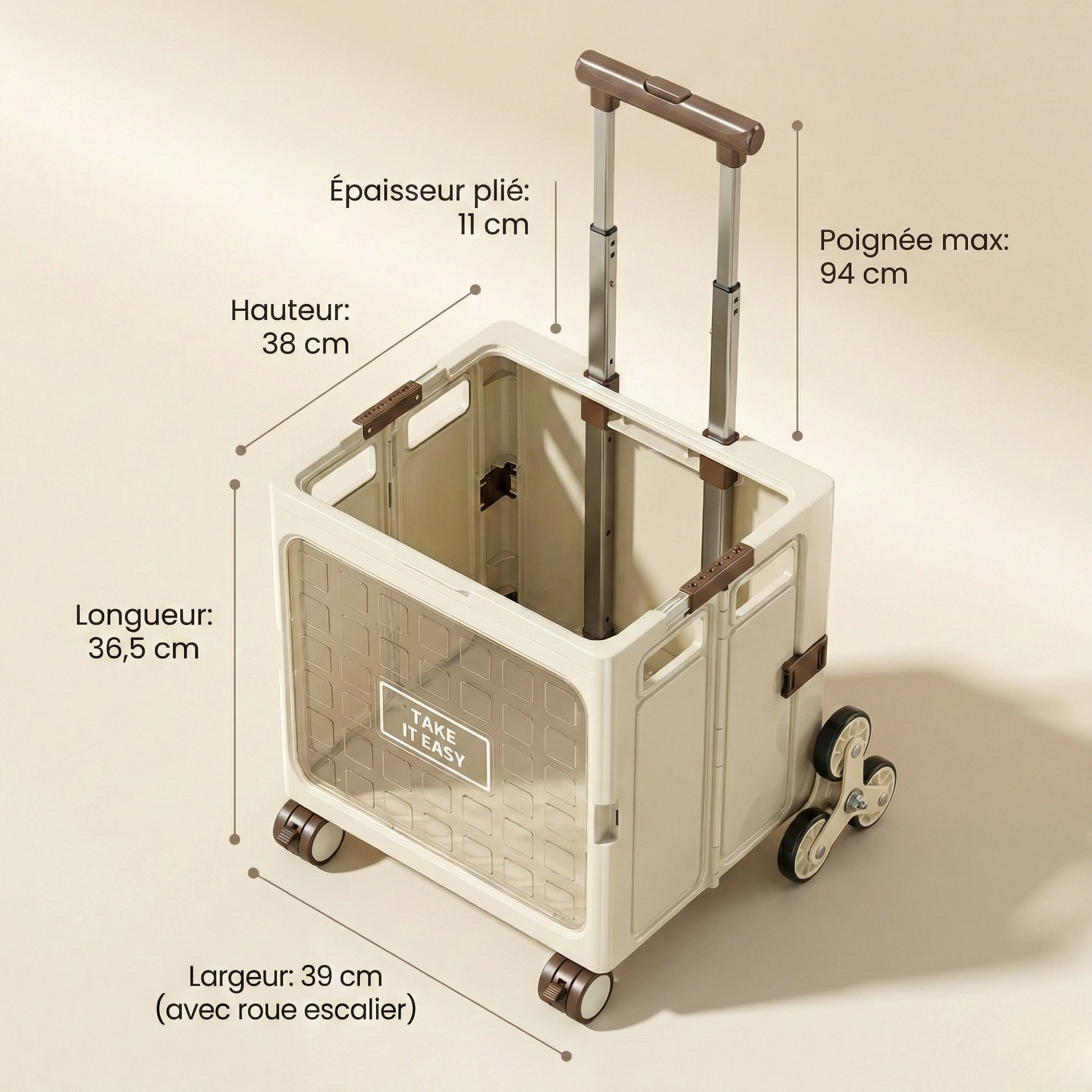 Chariot de courses design pliable XL crème – Vitre transparente & roues escalier