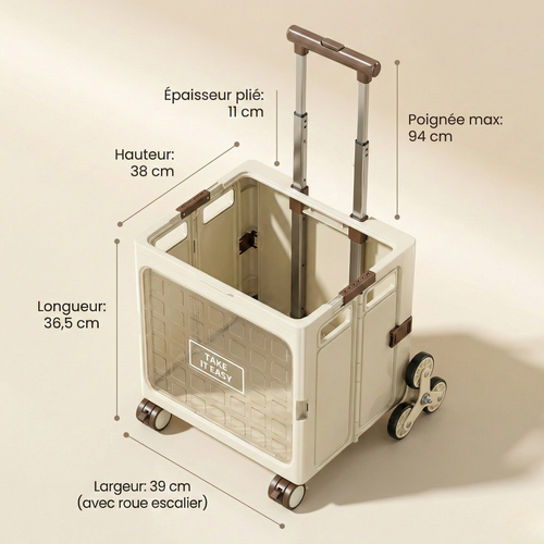 Chariot de courses design pliable XL crème – Vitre transparente & roues escalier