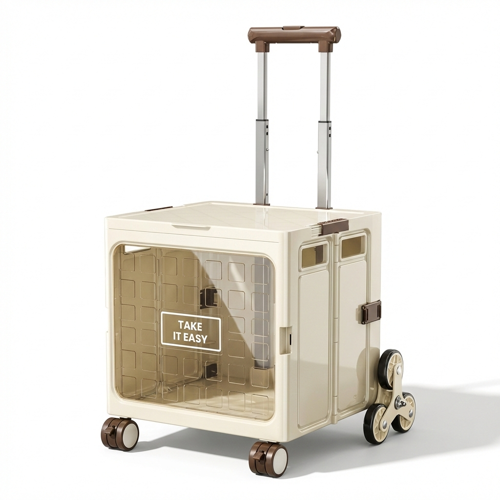 Chariot de courses design pliable XL crème – Vitre transparente & roues escalier