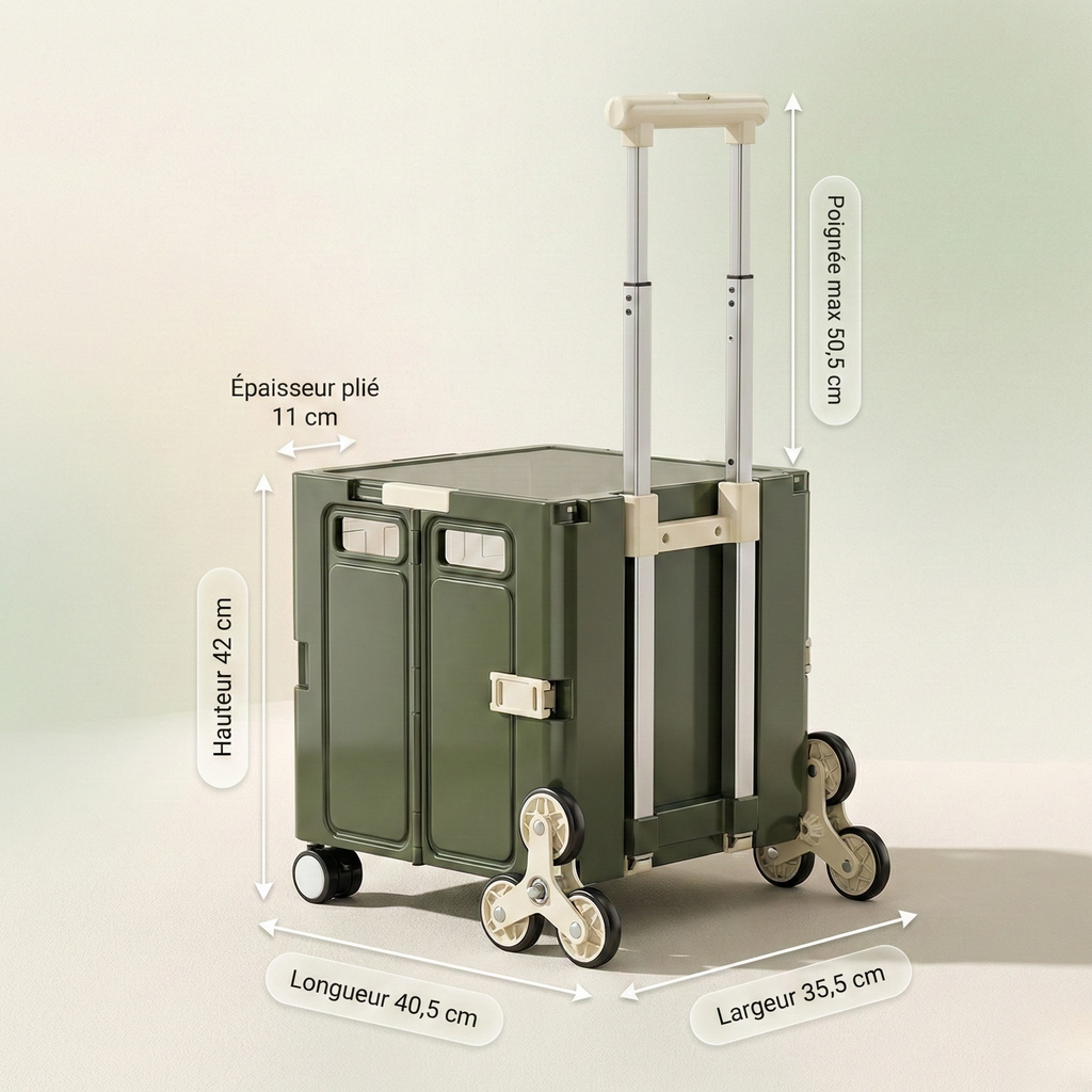 Chariot de courses design pliable XL vert – Vitre transparente & roues escalier