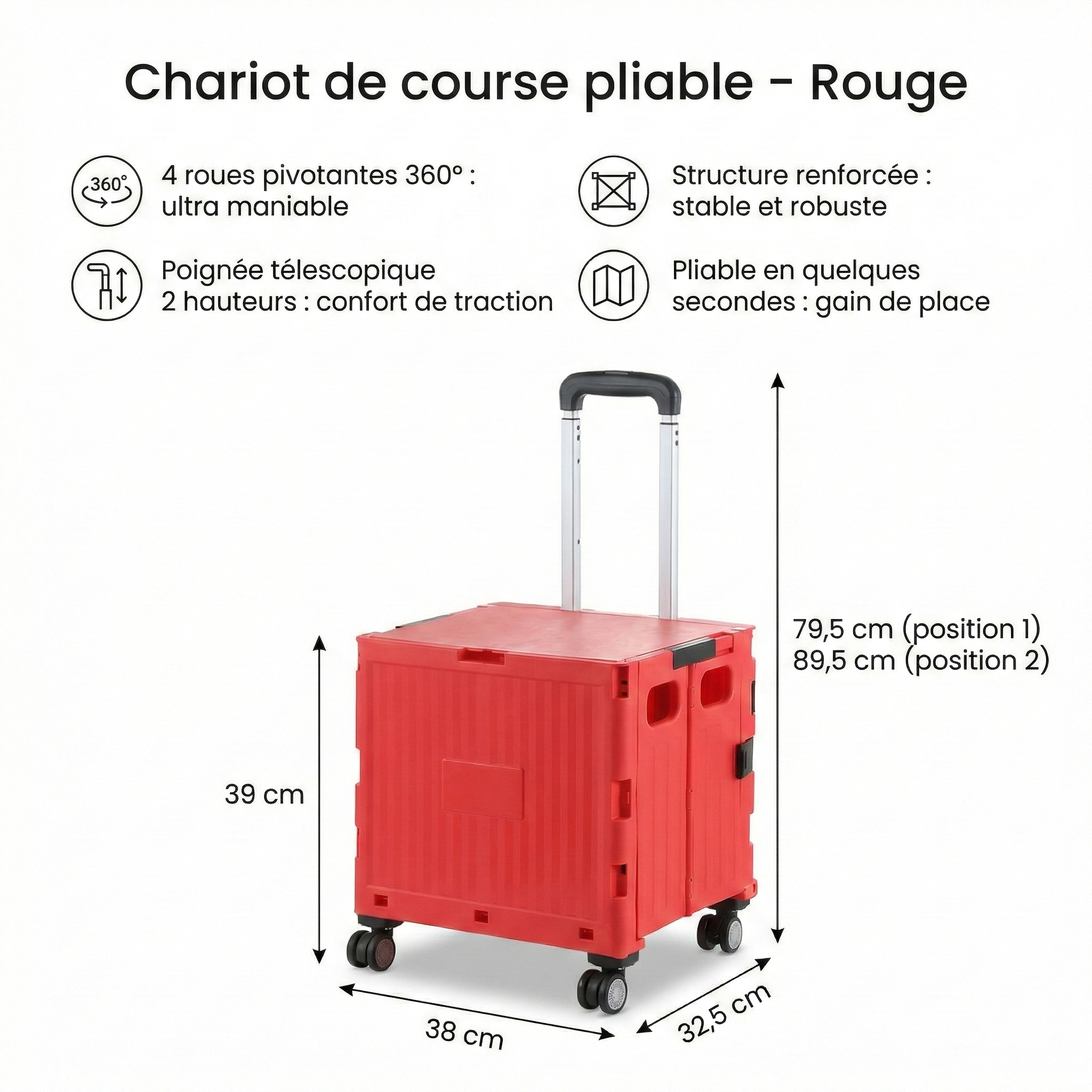 Chariot de courses pliable multifonction Rouge