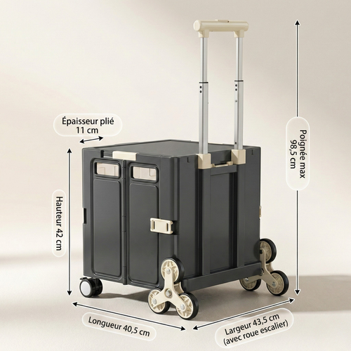 Chariot de courses design pliable XL gris – Vitre transparente & roues escalier