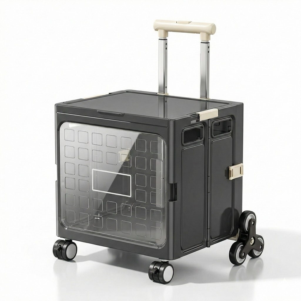 Chariot de courses design pliable XL gris – Vitre transparente & roues escalier