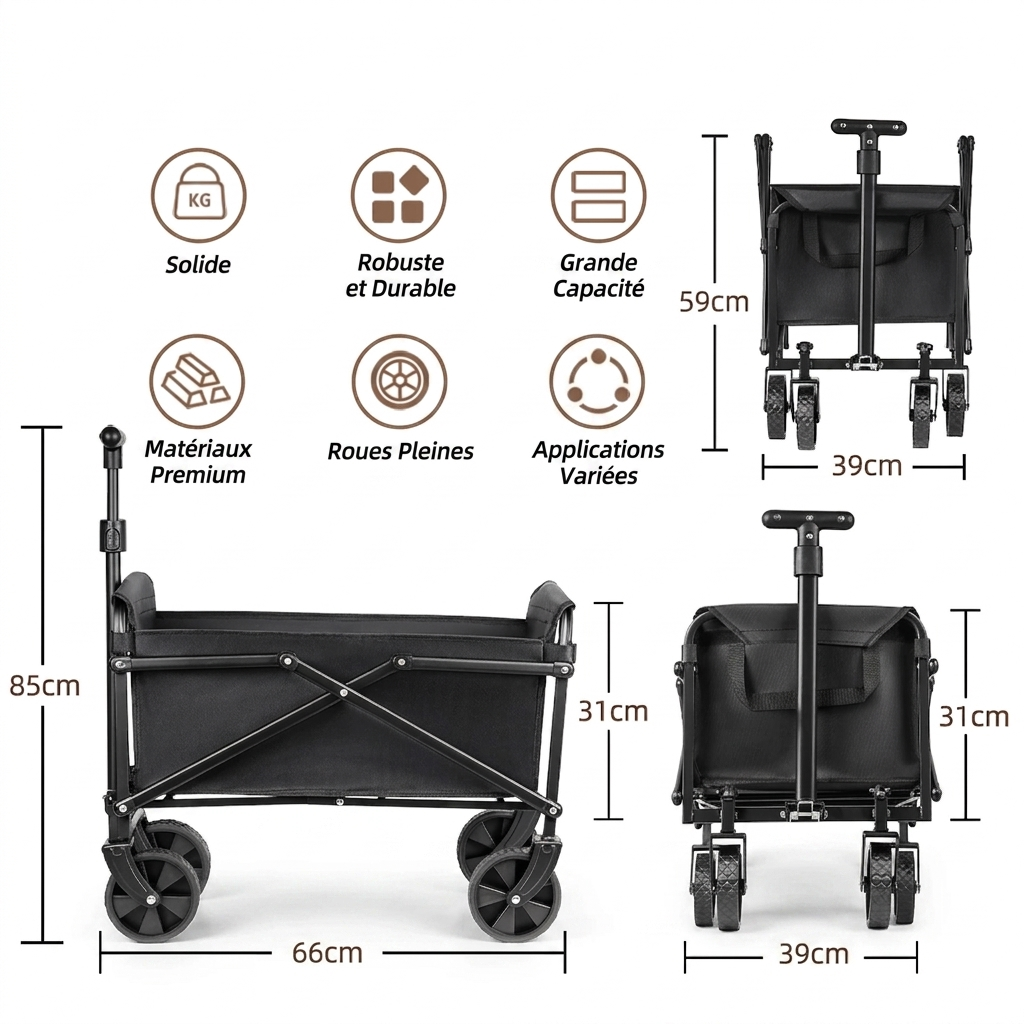 Chariot pliable multifonction – Courses, plage, camping et pique-nique | Pliable & portable, grande capacité