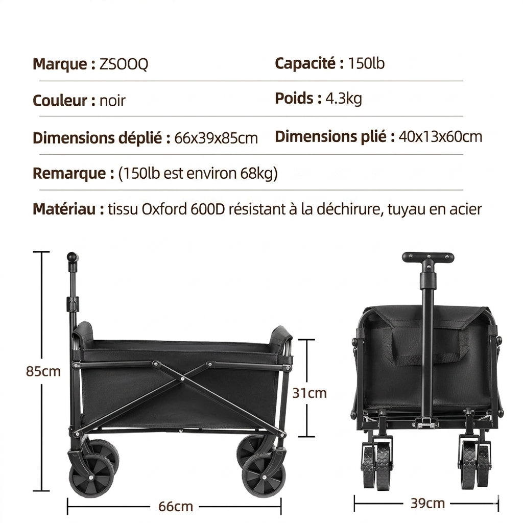 Chariot pliable multifonction – Courses, plage, camping et pique-nique | Pliable & portable, grande capacité