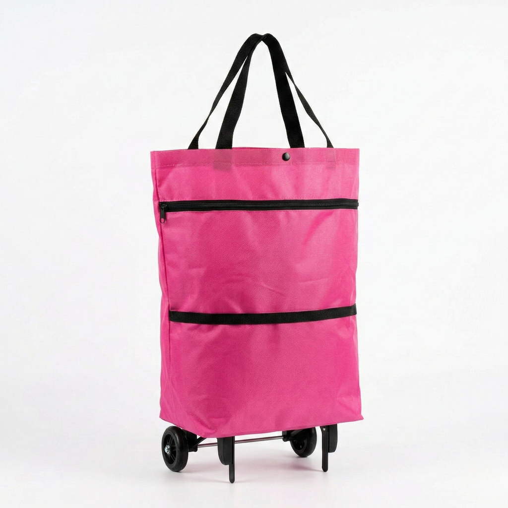 Chariot de courses sac à roulettes rose pliable