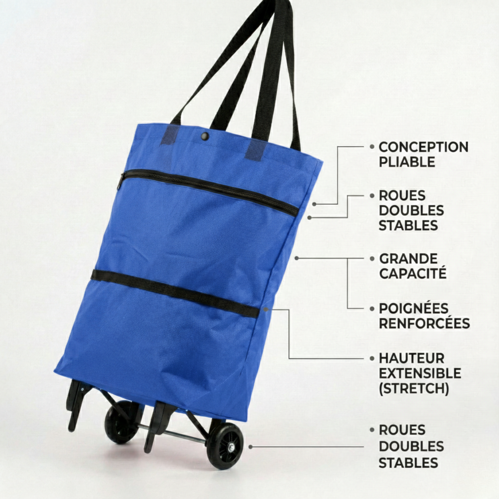 Chariot de courses sac à roulettes bleu pliable