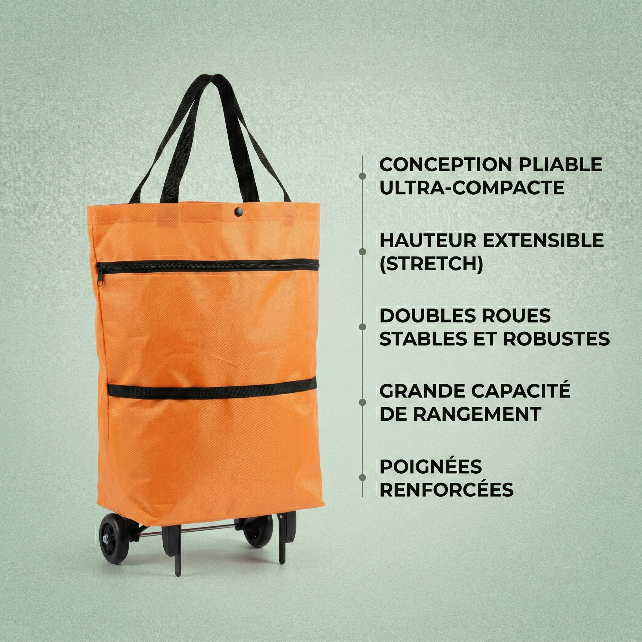 Chariot de courses sac à roulettes orange pliable