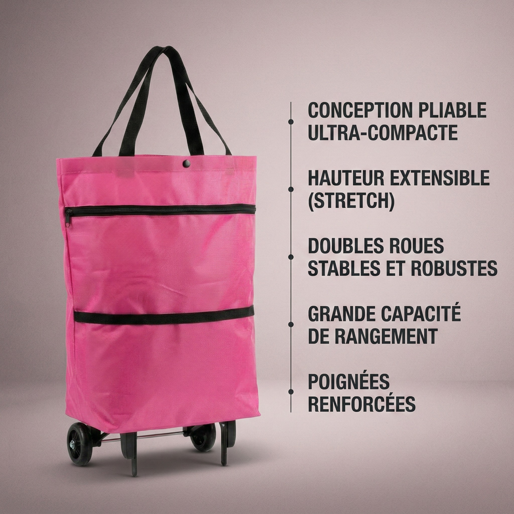 Chariot de courses sac à roulettes rose pliable