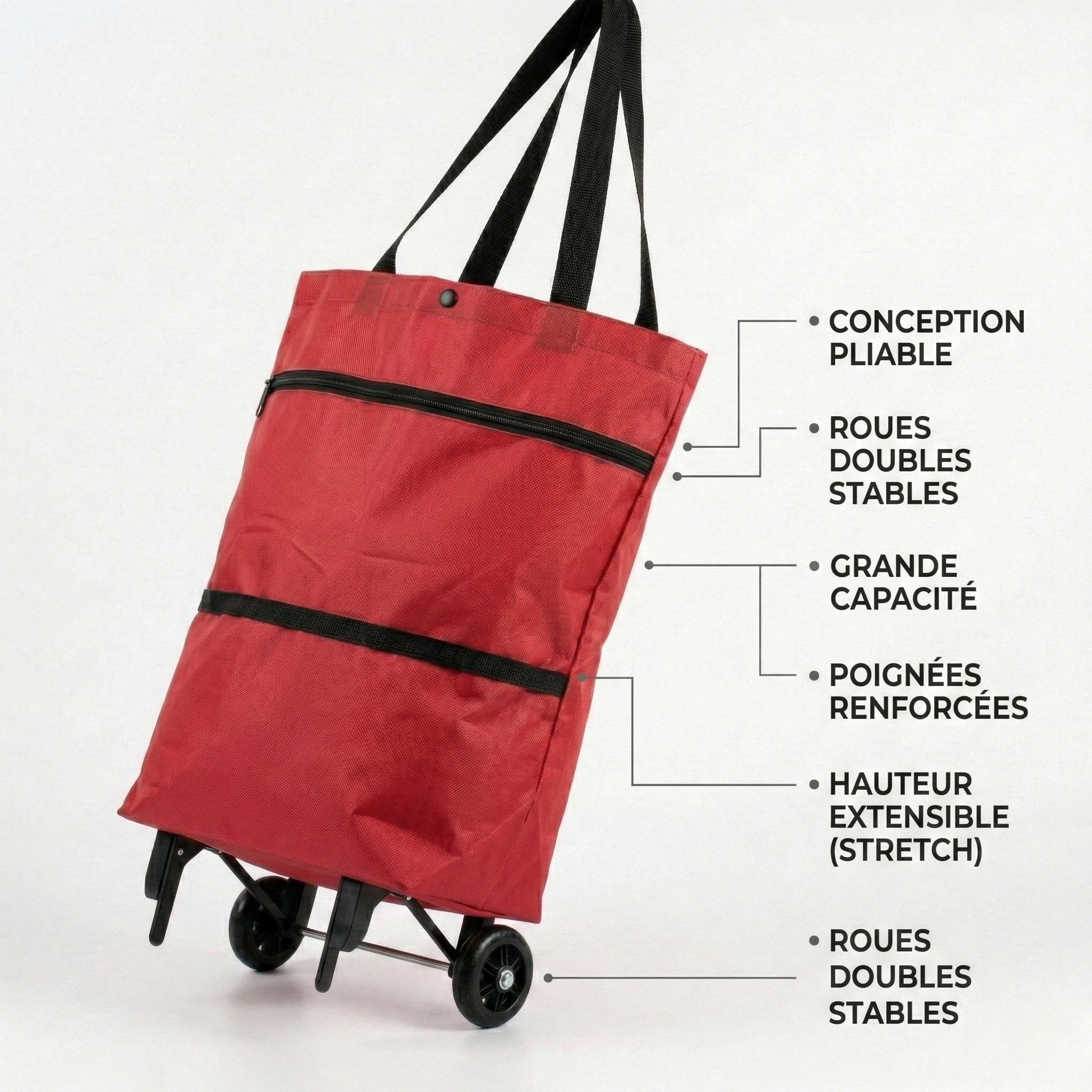 Chariot de courses sac à roulettes rouge pliable